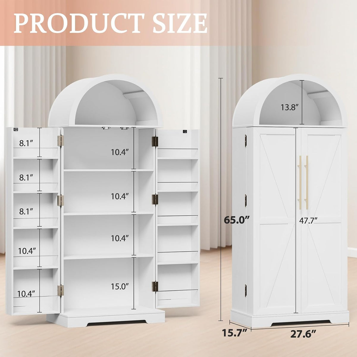 65" H Arched Kitchen Pantry, Modern Cupboard Storage Cabinet with 10 Side Storage Shelves & 3 Adjustable Shelves, Farmhouse Food Pantry Case for Living Room, Dining Room, White