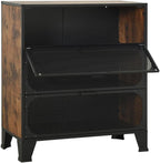Rustic Brown Storage Cabinet 14.2 x 28.3 x 32.3 in Industrial Bathroom Organizer with 3 Doors Wall Mounted MDF & Metal Frame Compact Pantry or Living Room Cupboard