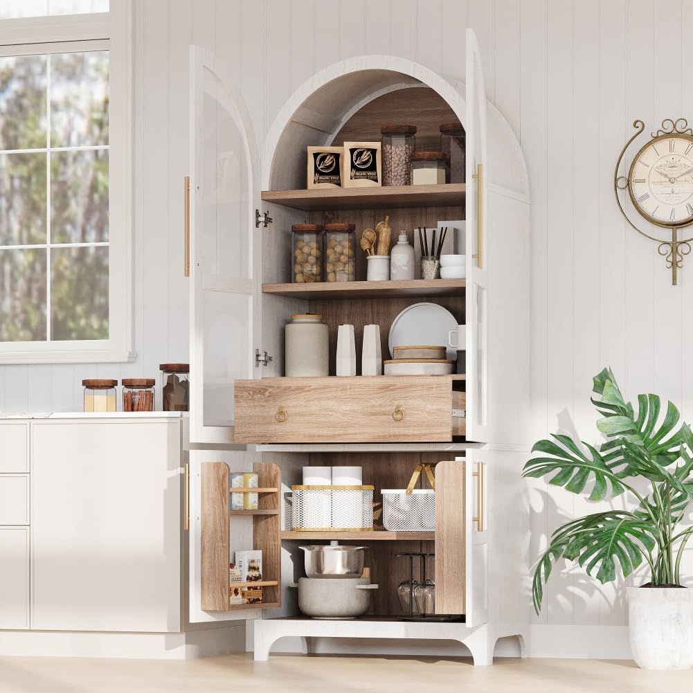 71" Tall Wooden Arched Storage Cabinet, Kitchen Pantry Cabinet with Hidden Drawer & Glass Door for Kitchen, Dining Room, Living Room and Bathroom (White)