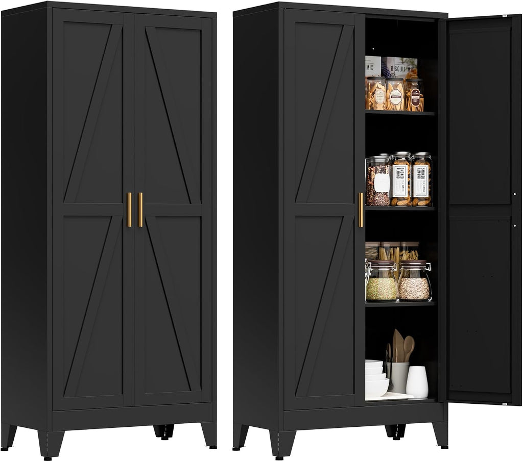 61" Tall Metal Pantry Cabinet, Kitchen Storage Cabinet with 2 Doors and 3 Adjustable Shelves for Kitchen, Living Room, Dining Room, Bathroom and Home, Office