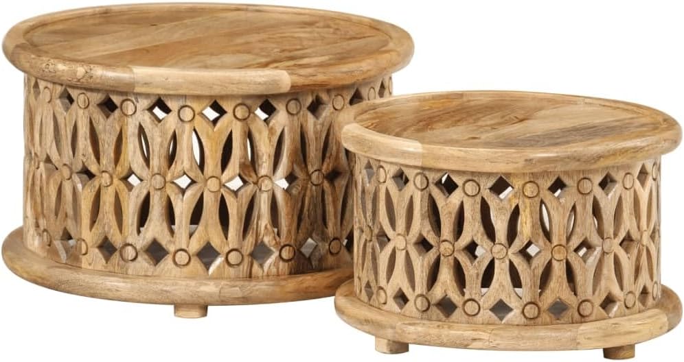 2 Piece Coffee Table Set Solid Mango Wood Round Nesting End Tables for Living Room Brown