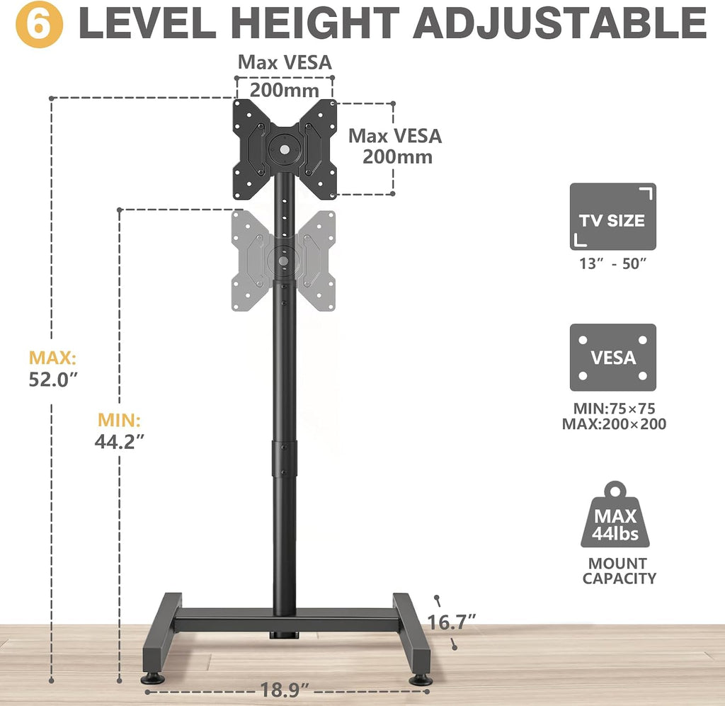 TVON TV Floor Stand for 13-50 inch LCD LED Flat/Curved Panel Screen TVs up to 44 lbs, Height Adjustable TV Stand Mount with VESA 200x200, Portable TV Stand for Bedroom, Dorm Room, Office | Tilting and Rotating Mount, Portrait to Landscape, Height