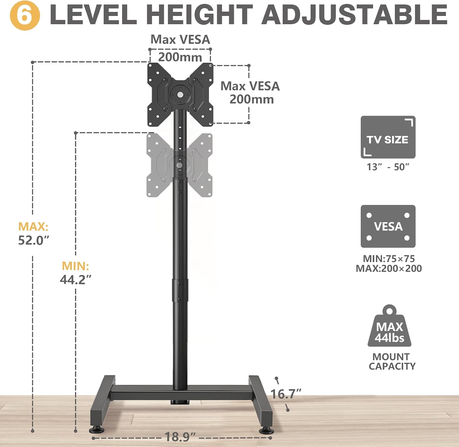 TVON TV Floor Stand for 13-50 inch LCD LED Flat/Curved Panel Screen TVs up to 44 lbs, Height Adjustable TV Stand Mount with VESA 200x200, Portable TV Stand for Bedroom, Dorm Room, Office | Tilting and Rotating Mount, Portrait to Landscape, Height