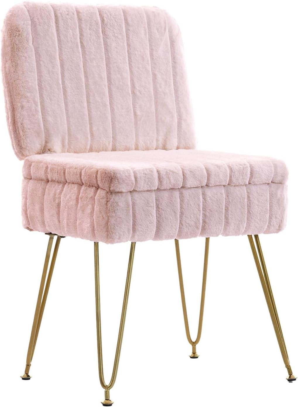 Vanity Chair with Storage | Comfy Ottoman with Folding Back | Faux Fur Vanity Stool with 4 Metal Legs for Make Up | Furry Padded Seat with Anti-Slip Feet for Bedroom Dressing Room | Pink