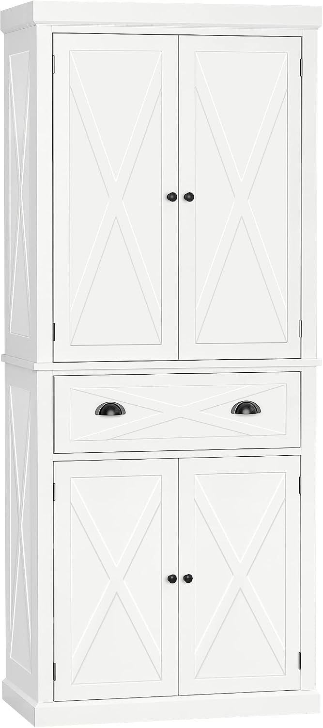 HOMCOM 72" Kitchen Pantry Storage Cabinet, Traditional Freestanding Pantry Cabinet with 4 Doors and 2 Adjustable Shelves, Large Central Drawer, X-Frame, White