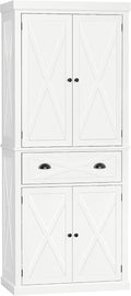 HOMCOM 72" Kitchen Pantry Storage Cabinet, Traditional Freestanding Pantry Cabinet with 4 Doors and 2 Adjustable Shelves, Large Central Drawer, X-Frame, White
