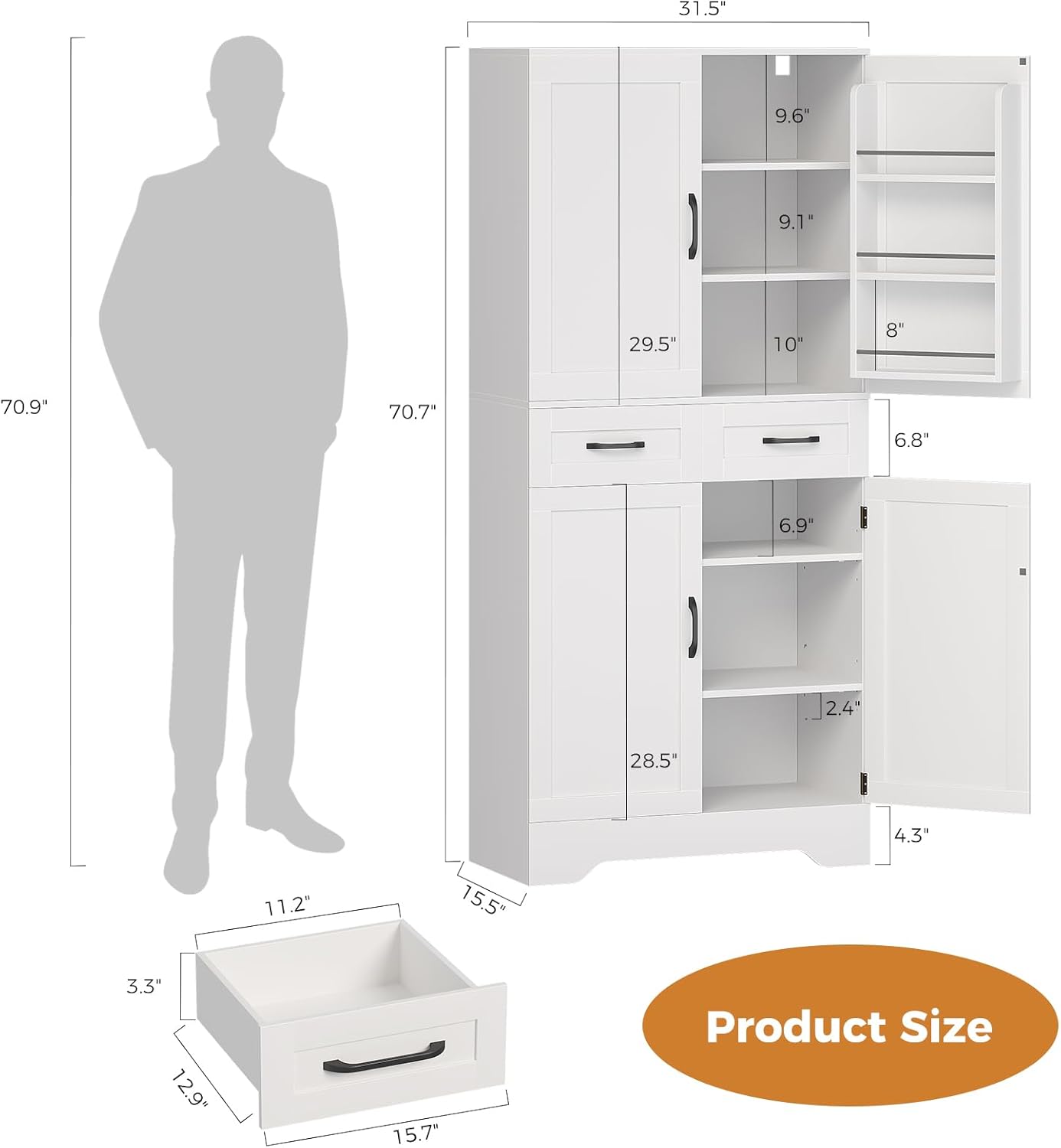 71" Tall Kitchen Pantry Cabinet, Pantry Organizers and Storage Cabinet, Kitchen Storage Cabinets with Doors, Side Storage, 2 Drawer, Adjustable Shelves for Laundry, Bathroom, Garage, White, UXZSG001W