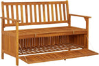 Patio Storage Bench 47.2" Solid Acacia Wood Outdoor Bench Seat with Armrests and Backrest, Garden Bench for Front Porch Furniture and Patio Furniture Storage