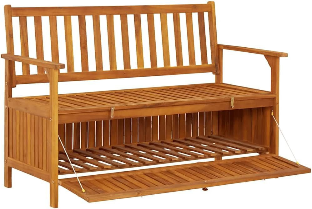 Patio Storage Bench 47.2" Solid Acacia Wood Outdoor Bench Seat with Armrests and Backrest, Garden Bench for Front Porch Furniture and Patio Furniture Storage