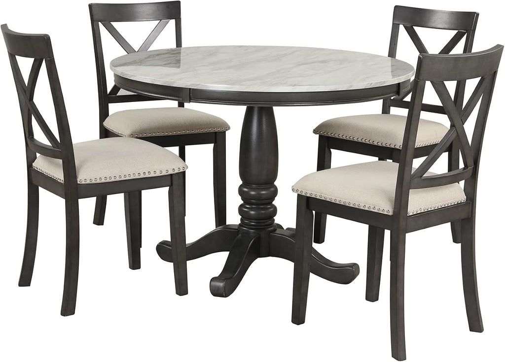 Merax 5 Piece Dining Table Set for 4, Solid Wood Kitchen Table Set with 4 Upholstered Chairs for Kitchen, Dining Room, Living Room, Grey