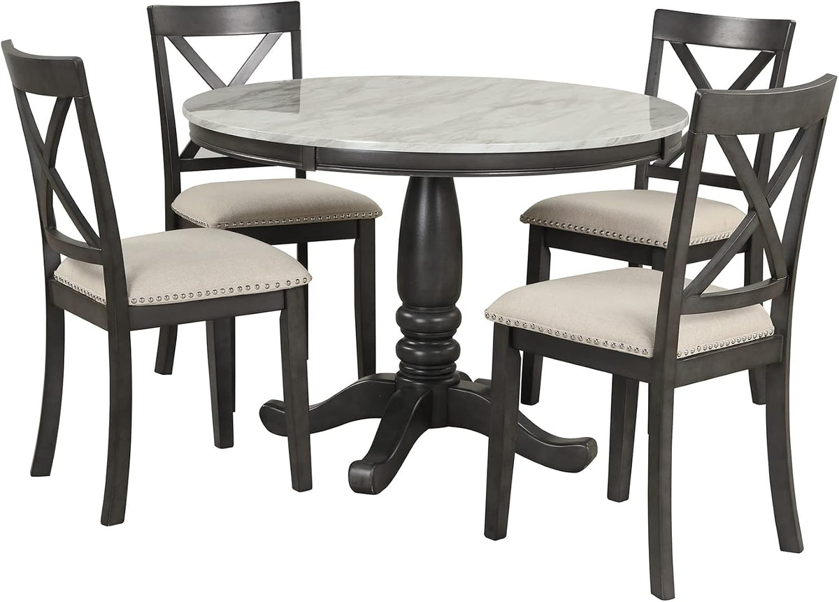 Merax 5 Piece Dining Table Set for 4, Solid Wood Kitchen Table Set with 4 Upholstered Chairs for Kitchen, Dining Room, Living Room, Grey