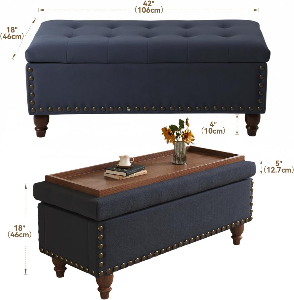 42'' End of Bed Storage Bench with Dual-Surface Lid, Upholstered Ottoman with Hidden Storage, Chenille Bench Seating with Wood Panel Seat for Entryway,Living Room,Bedroom-Blue