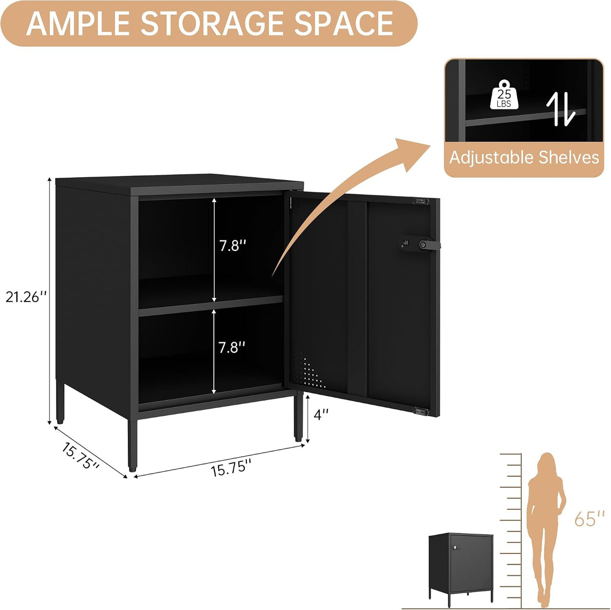 Steehoom Metal Lockable Nightstand, Single Door Locker Metal End Table Small Bedside Storage Cabinet for Living Room, Bedroom, Dorm, 21.26”H X 15.75”W X 15.75”D (1 Door, Black)