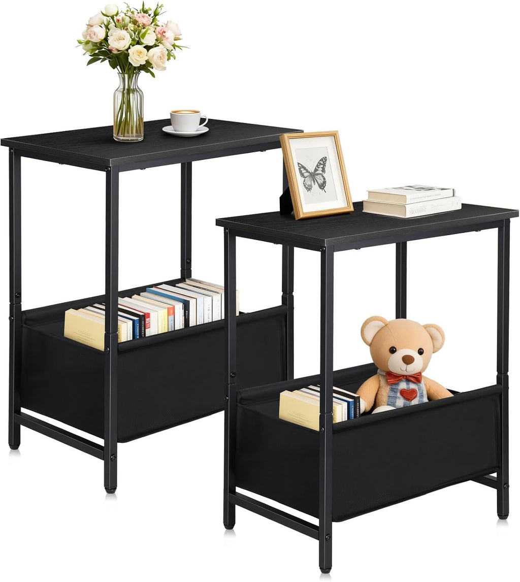 Small End Tables Set of 2, 2 Tier Side Tables with Fabric Storage Basket, Nightstands for Living Room, Bedroom, Office and Small Spaces, Black
