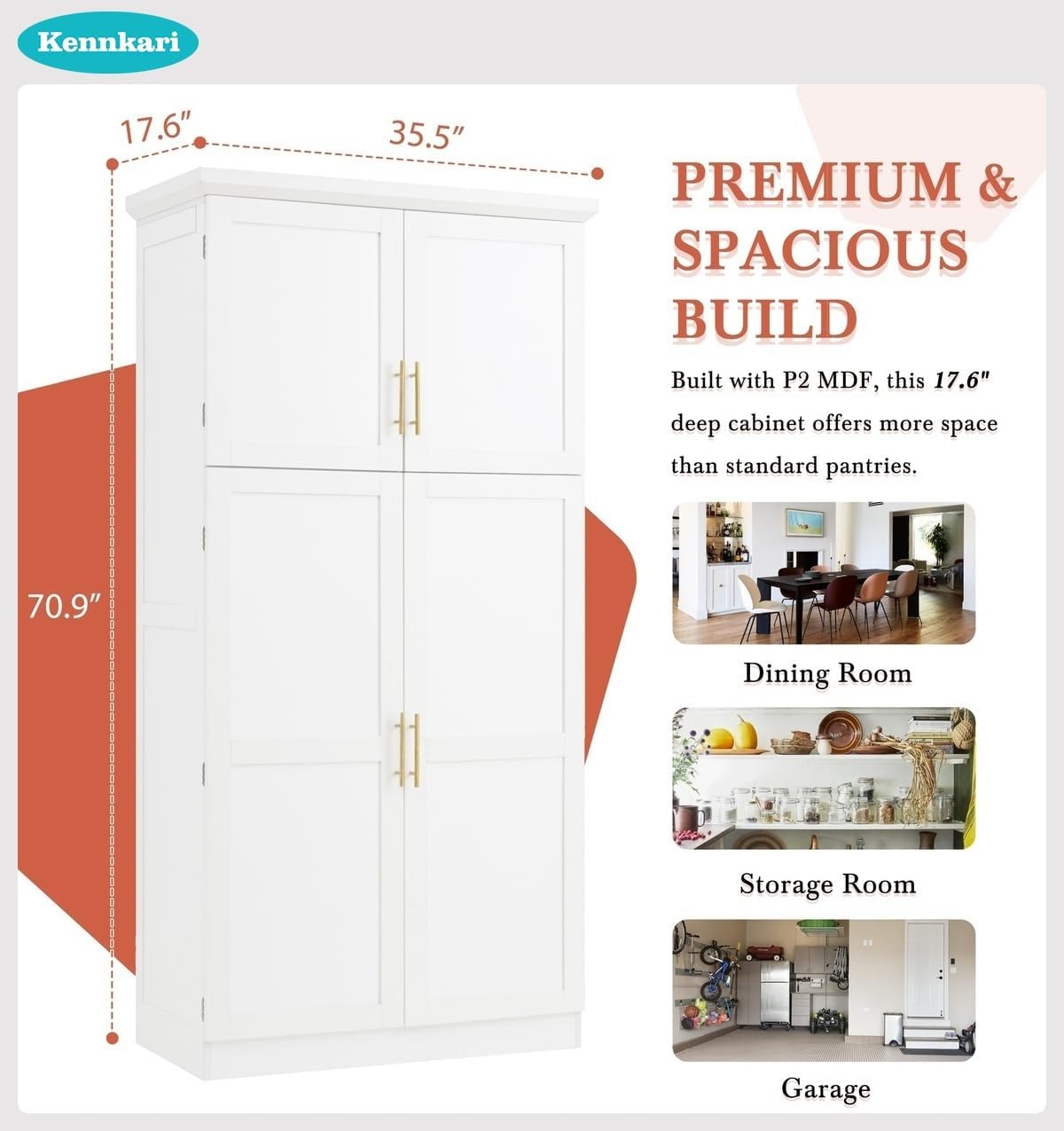 Freestanding Kitchen Pantry Cabinet with 8 Pullout Trays, Tall Storage Organizer with 4 Doors and Adjustable Shelves for Dining Room, Shaker Style (White)
