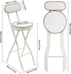 Folding Stool with Back, 25.6 Inch Counter Height Foldable Stool, Round Leather Padded Portable Foldable Chair for Gardening Outdoor Indoor Kitchen Camping Shop Cafe (White, 2 Pack)