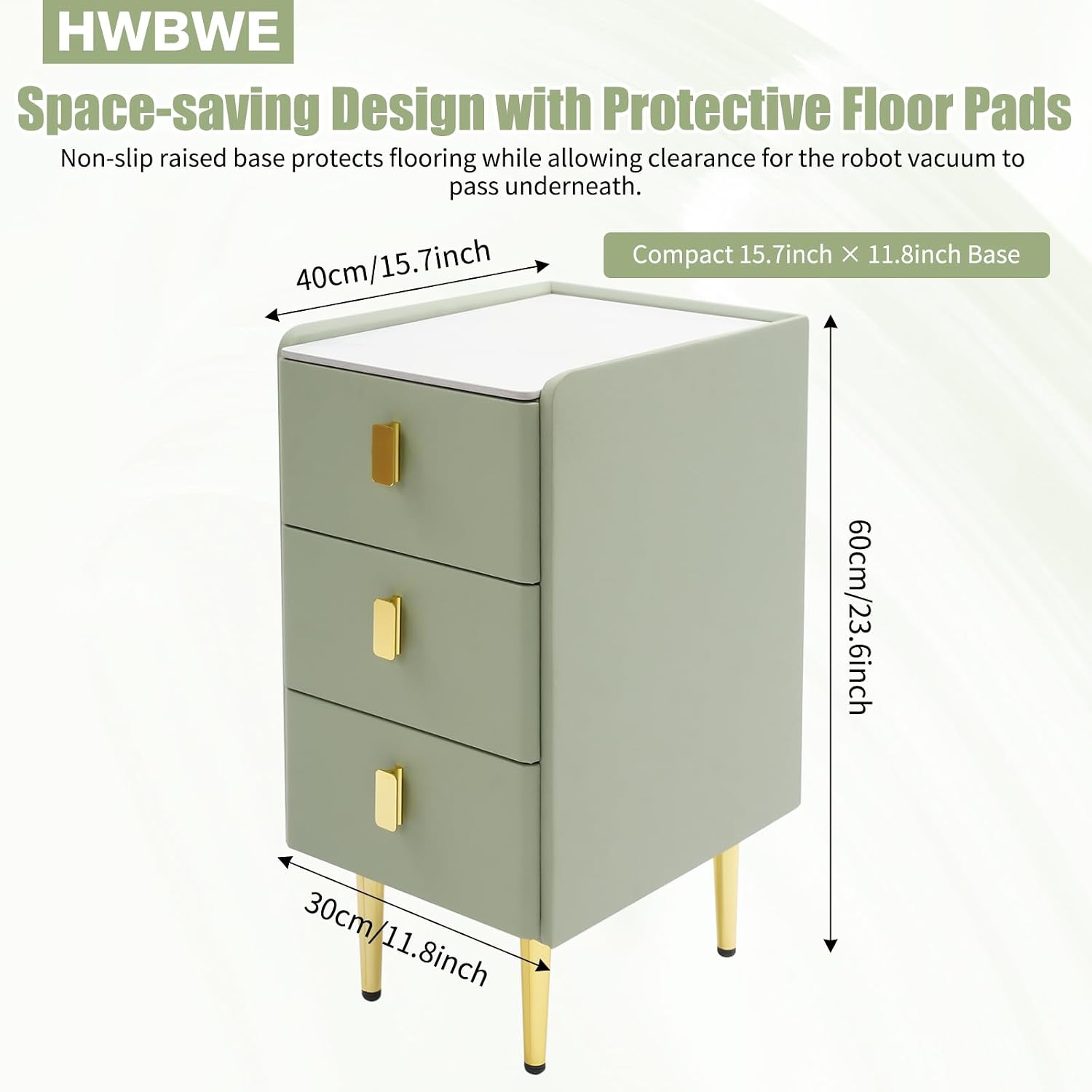 Narrow Nightstand with Drawers, Narrow Side Table Leather, Three-Layer Drawer Night Stand Small Bedside Tables for Living Room, Bedroom & Office (Green)