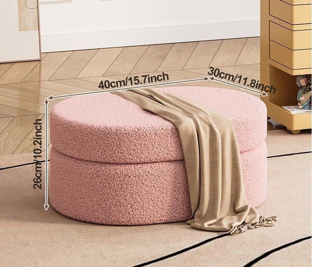 Oval Ottoman with Storage,Fleece Fabric Bed End Stool,Upholstered Padded Seat with Large Storage Space,Shoes Changing Stool for Entryway (Pink)