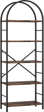 Shintenchi Bookshelf, Arched Bookshelf 5 Tier Bookcase, Tall Shelf for CDs/Books, Home Office Shelf Storage Organizer, Modern Book Shelf for Bedroom/Living Room, Rustic Brown