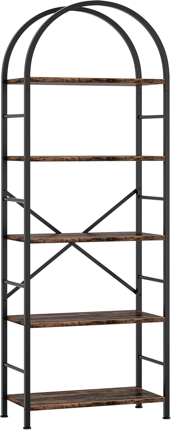 Shintenchi Bookshelf, Arched Bookshelf 5 Tier Bookcase, Tall Shelf for CDs/Books, Home Office Shelf Storage Organizer, Modern Book Shelf for Bedroom/Living Room, Rustic Brown