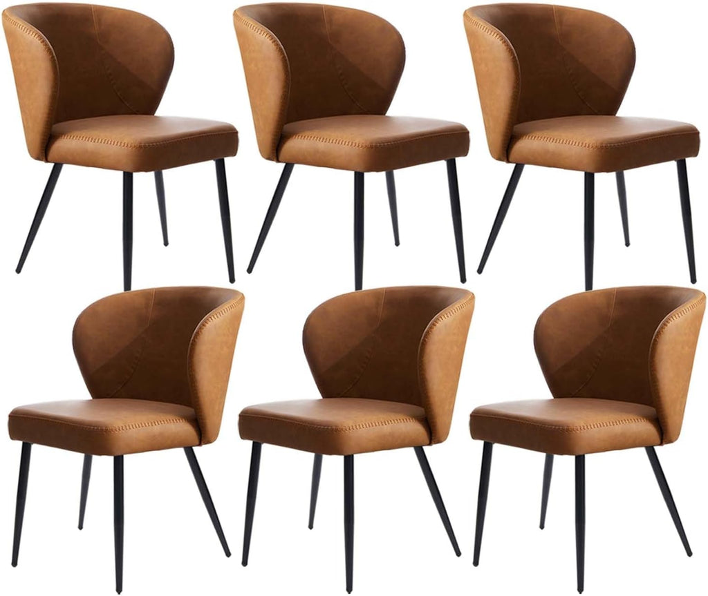 Brown Dining Chairs Set of 6, Modern Dining Chairs with Cushion Seat and Sturdy Metal Legs, Faux Leather Chair for Kitchen, Living Room