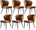 Brown Dining Chairs Set of 6, Modern Dining Chairs with Cushion Seat and Sturdy Metal Legs, Faux Leather Chair for Kitchen, Living Room