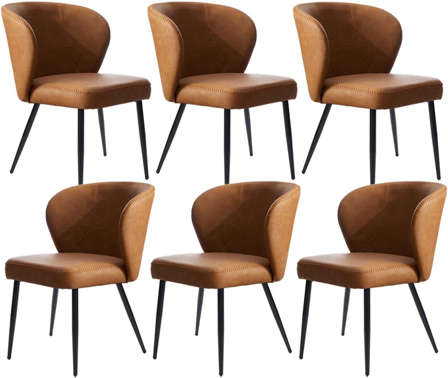 Brown Dining Chairs Set of 6, Modern Dining Chairs with Cushion Seat and Sturdy Metal Legs, Faux Leather Chair for Kitchen, Living Room