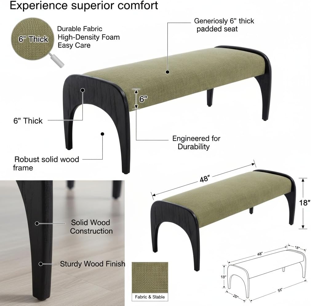 LukeAlon 51-Inch Extra Long Dining Bench, Green Linen Upholstered Seat & Black Rubber Wood Legs for Kitchen Table, Bedroom, Entryway
