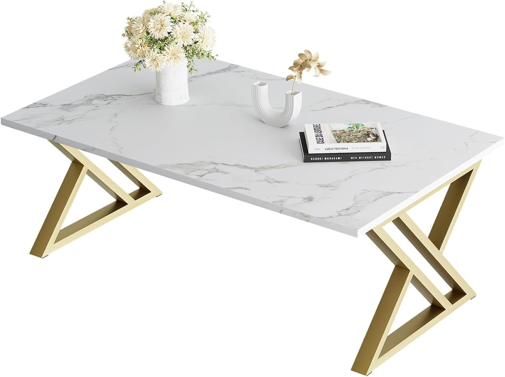 Wolawu Coffee Table Living Room Table White Center Table, Modern Faux Marble Rectangular Tea Tables with Sturdy Gold Metal Frame,Industrial Wooden Coffee Table for Bedroom Home Office