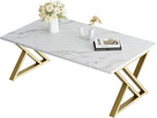Wolawu Coffee Table Living Room Table White Center Table, Modern Faux Marble Rectangular Tea Tables with Sturdy Gold Metal Frame,Industrial Wooden Coffee Table for Bedroom Home Office