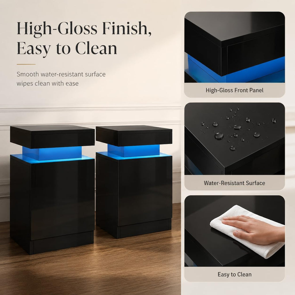 MXV Nightstand Set of 2 with LED Lights, 24in Tall Night Stand with Storage Cabinet for Bedroom, Bedside Table with LED (Black, 17.7" D x 14.37" W)