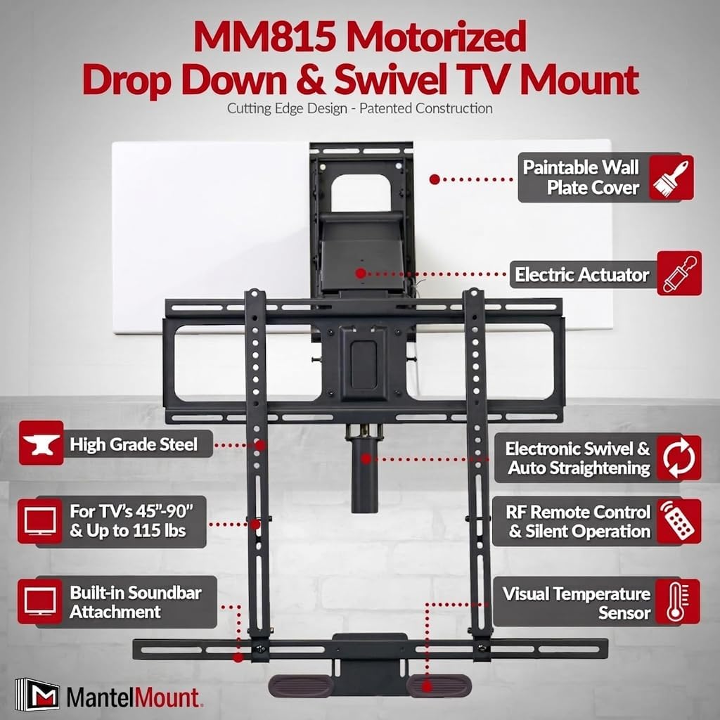 MantelMount MM815 Motorized Remote Control Pull Down TV Mount with Automated Swivel | Above Fireplace Mount for TVs 45"-90" Up to 115 lbs | RF Remote Control & Favorite Memory Positions