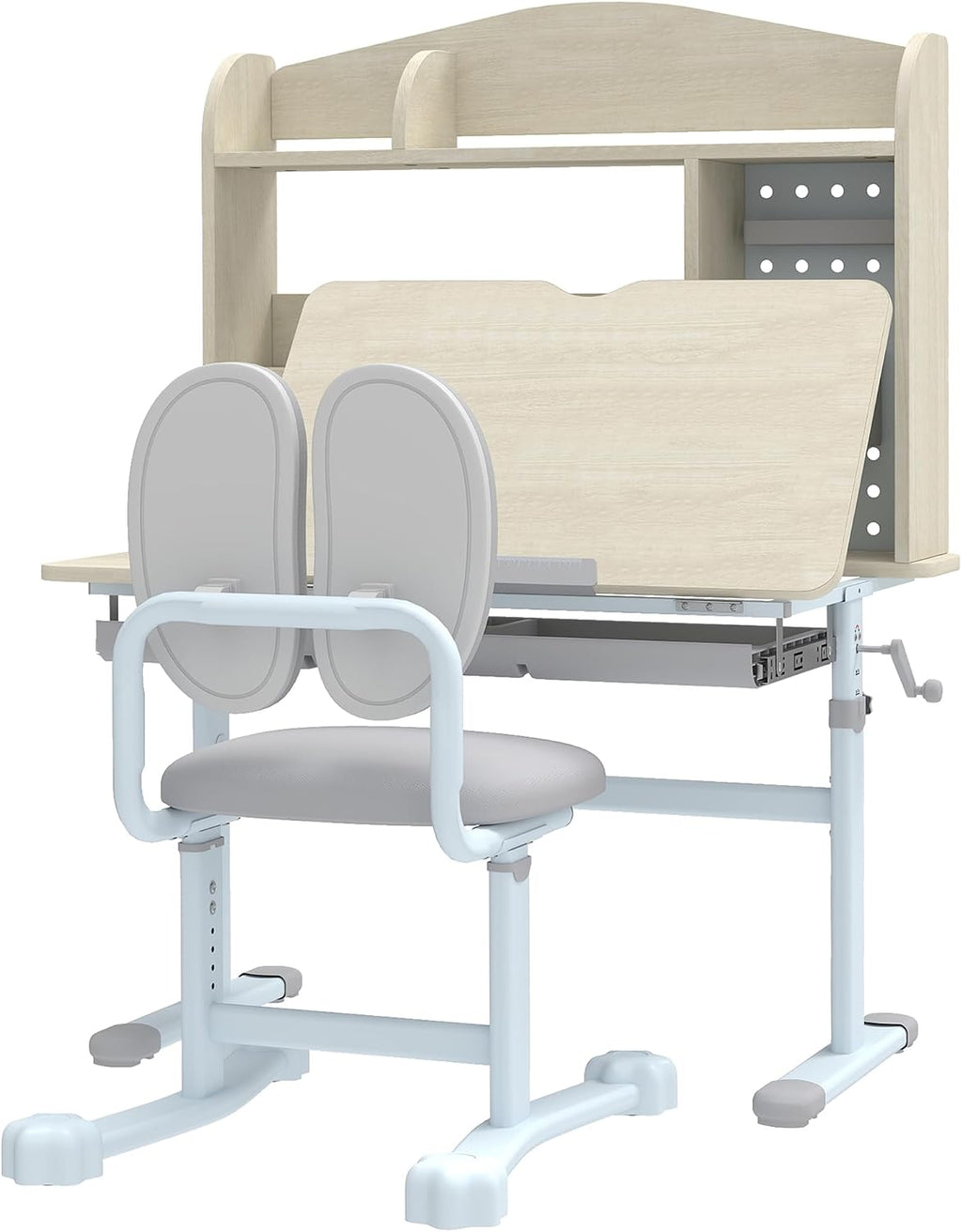 Brilluxa Kids Study Desk Set, Adjustable Student Desk and Chair with Tiltable Desktop, Hutch and Drawer for Ages 3-12, Homework Station for Bedroom, Gray