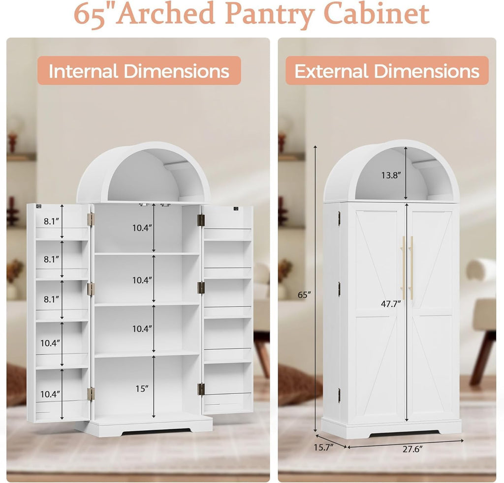 65" H Pantry Cabinet, Kitchen Pantry Storage Cabinet with Doors and Shelves, Freestanding Buffet Cupboards Sideboard for Kitche, Living Room and Dinning Room, White