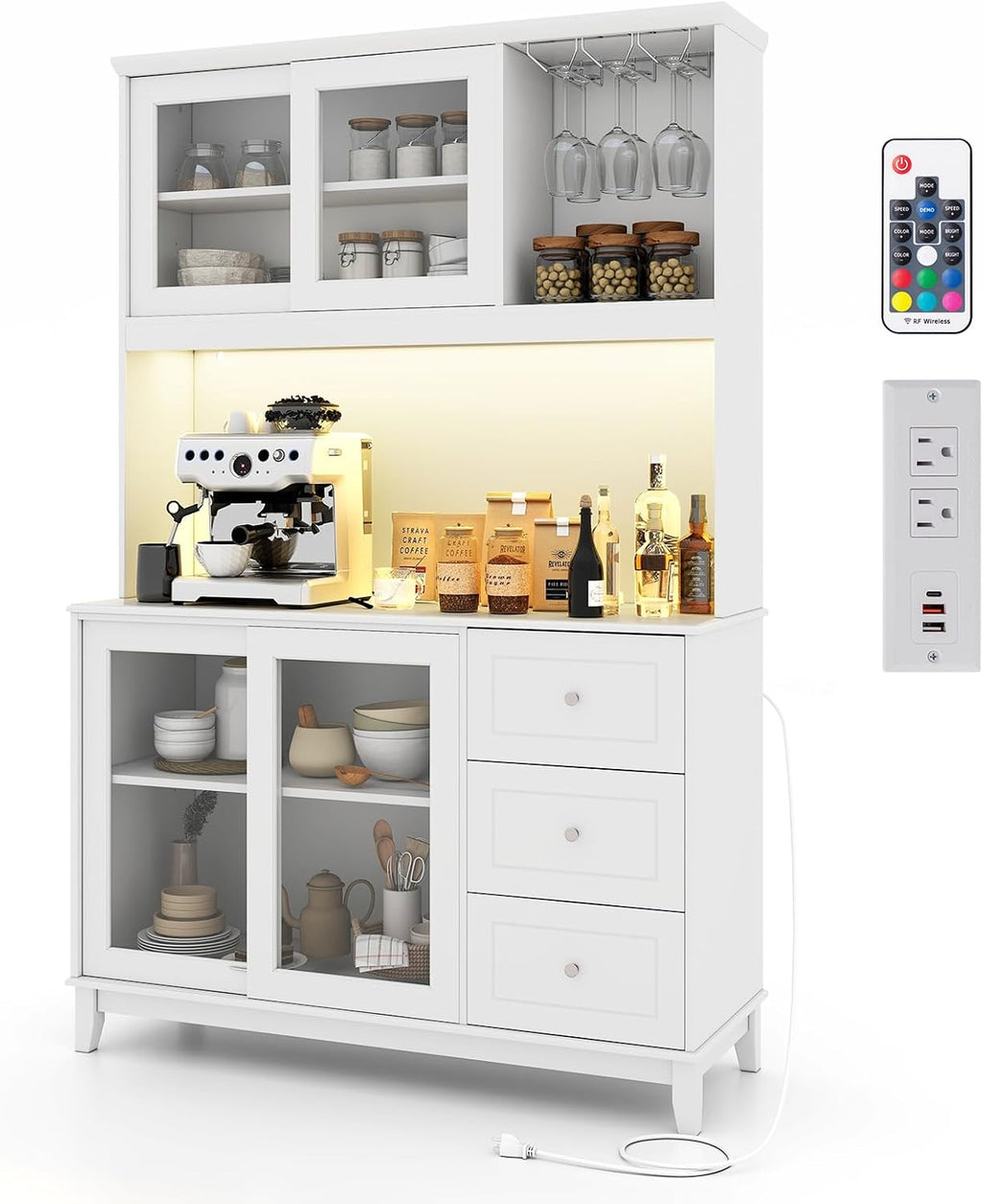 73” Kitchen Pantry Storage Cabinet w/Power Outlets & Led Lights | Tall Cupboard w/ Hutch, Wine Glass Racks, Adjustable Shelves, Drawers, Microwave Shelf for Dining Room (Espresso)