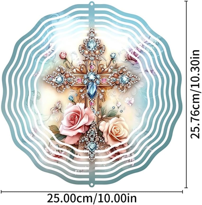 Cross Flower Wind Spinner, Metal Wind Spinners Outdoor/Indoor, God Cross Hanging Garden Decor for Outside, Stainless Wind Spinners for Yard and Garden 10 inch 3D (25.76X25 CM)