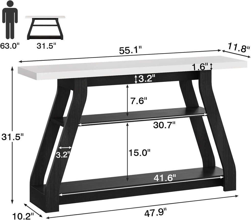 Console Table, 55-Inch Entryway Table with LED Light 3-Tier Narrow Wood Console Tables Behind Couch Sofa Tables for Living Room, Entryway, Hallway (Black+White)