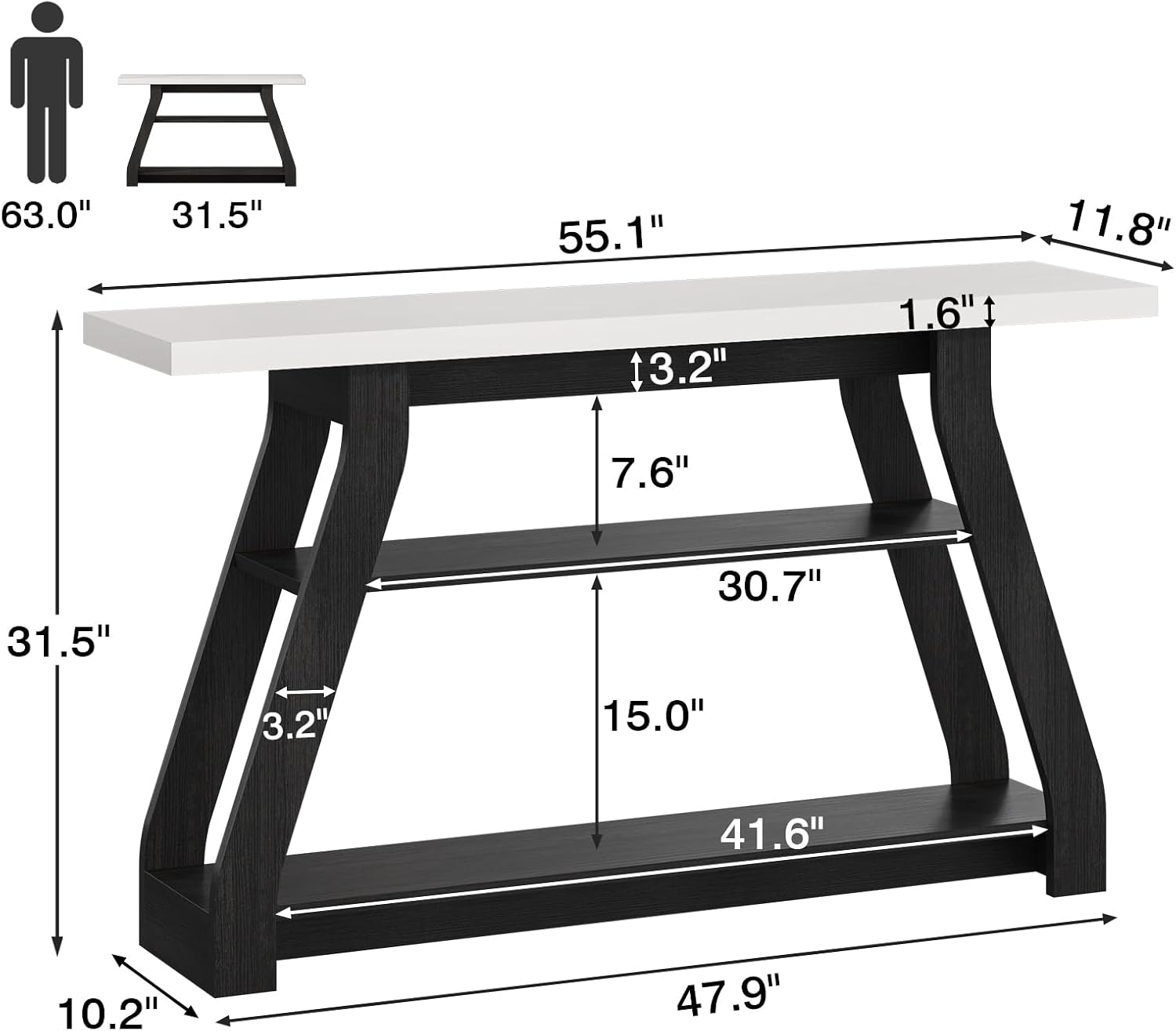 Console Table, 55-Inch Entryway Table with LED Light 3-Tier Narrow Wood Console Tables Behind Couch Sofa Tables for Living Room, Entryway, Hallway (Black+White)