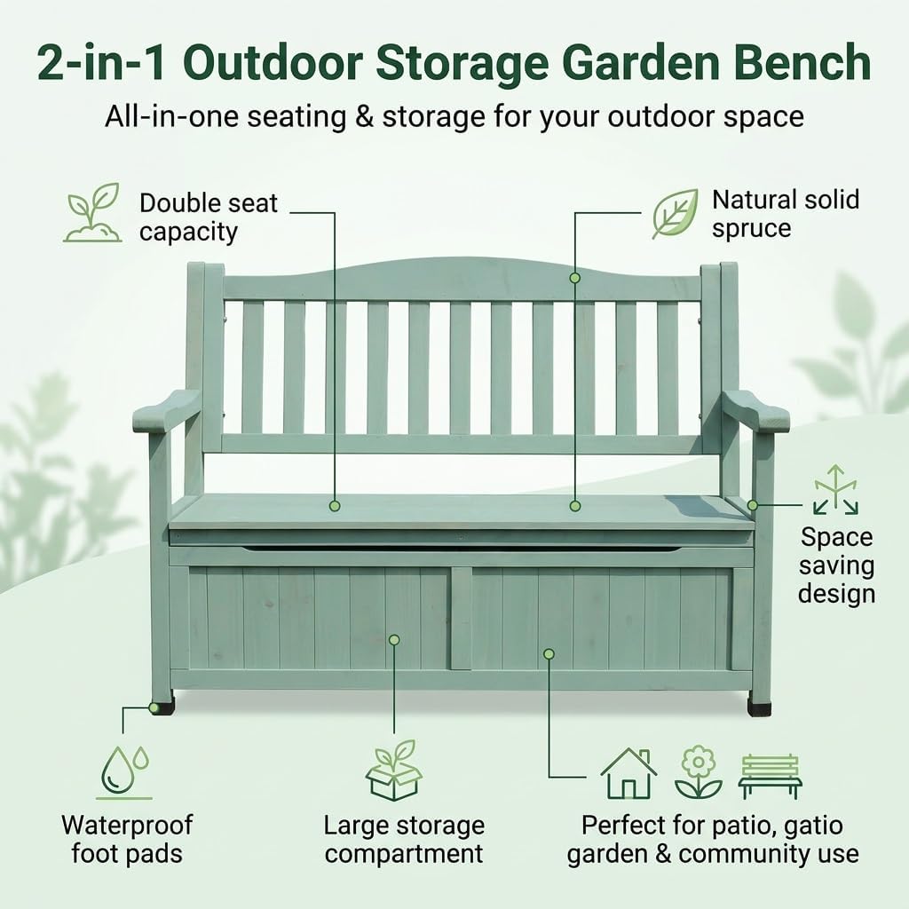 48in Wooden Outdoor Storage Bench, 2-Person Patio Deck Box with Backrest, Weather-Resistant Garden Chair Organizer for Front Porch, Yard and Poolside(Blue)