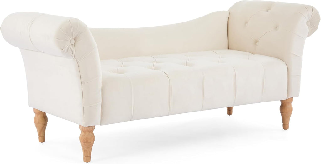Christopher Knight Home Ucal Velvet Upholstered End of Bed Ottoman, Wooden Living Room Ottoman Bench with Curved Arms, Long Entryway Bench with Button Tufting, Long Seating for Bedroom, Beige
