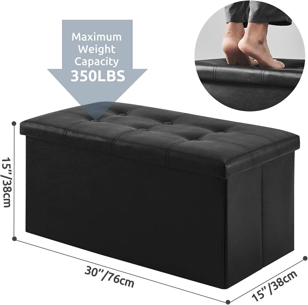 YOUDENOVA 30" Ottoman with Storage, Folding Faux Leather Bench, Black | Foldable ottoman with hidden storage, padded faux leather seat for living room, bedroom and entryway.