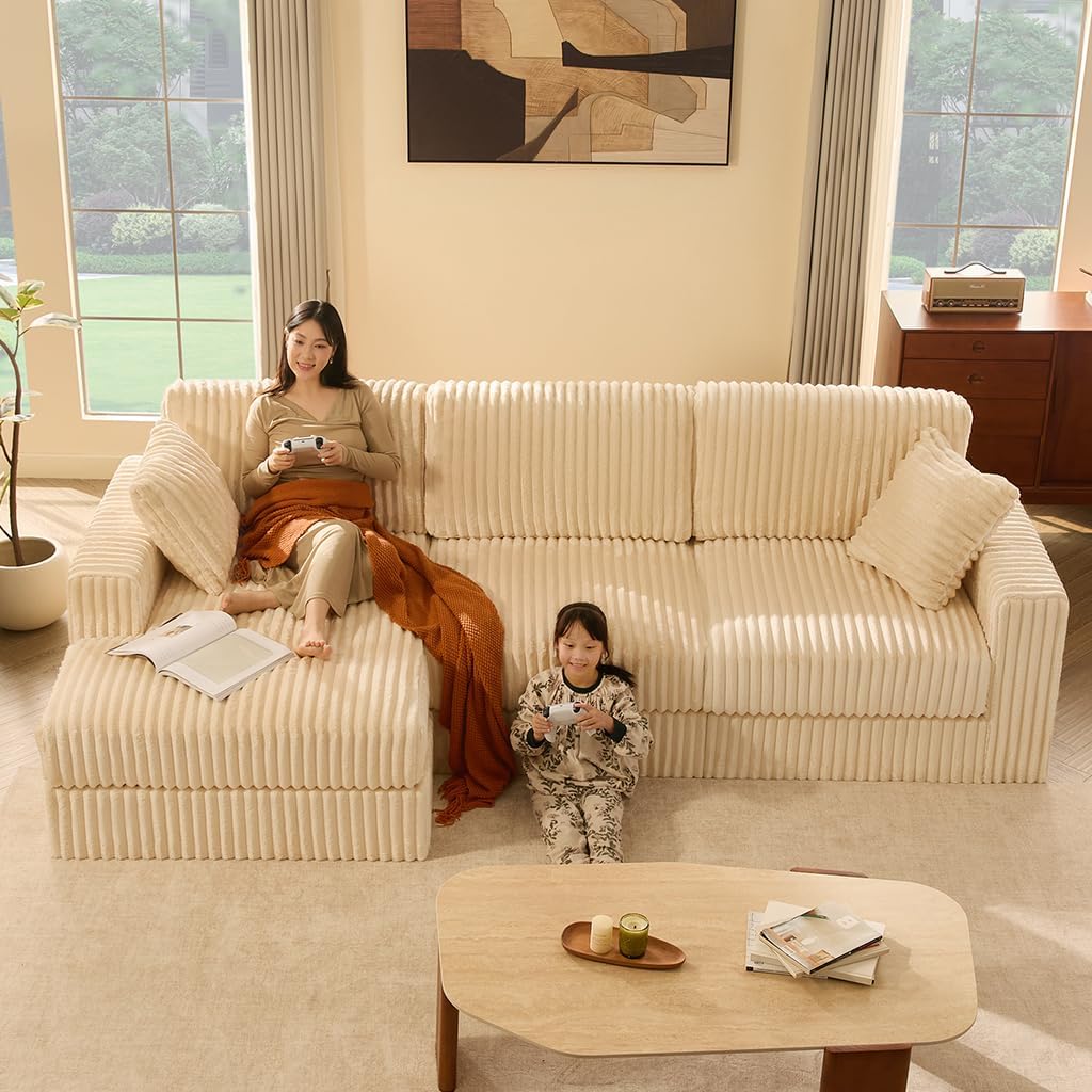 GOSUHI 113" L-Shaped Cloud Couch, Modular Sectional, Deep Seats, White | Pocket Spring Cushions, Oversized 3-Seater, Left Facing Chaise, Corduroy Upholstery Couches for Living Room