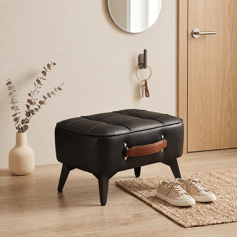 Vintage Style Faux Leather Ottoman Footstool - Wooden Frame, Upholstered Interior, Multi-Use Footrest for Living Room, Entryway, Office (Black)
