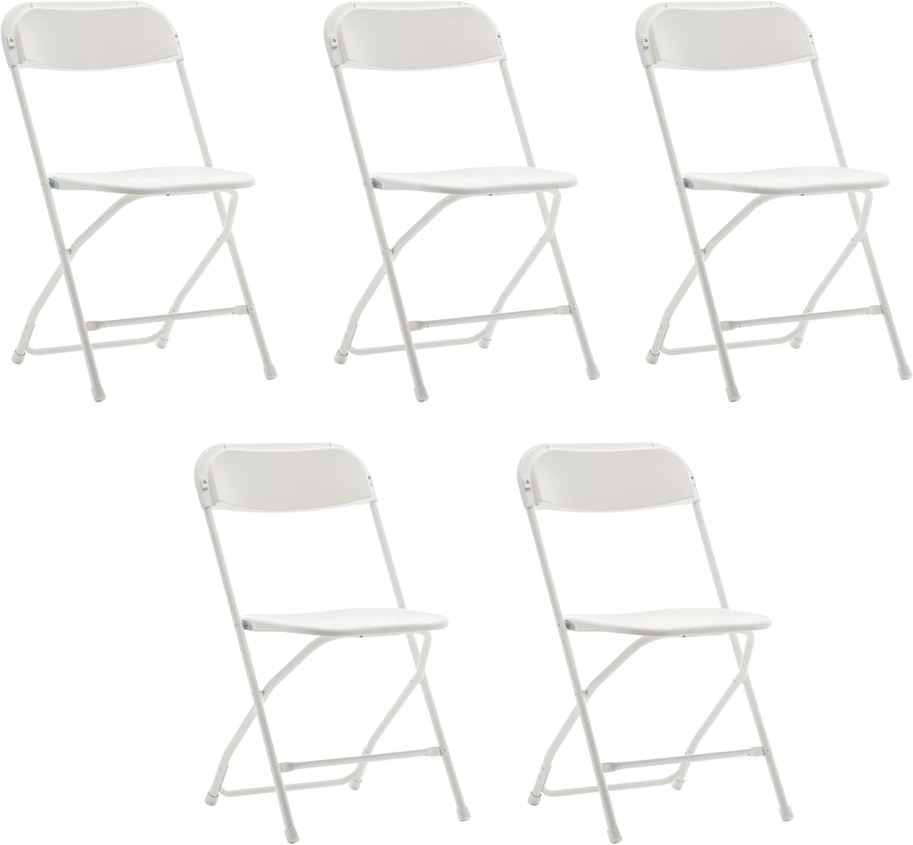 BTEXPERT Set of 5 Pack, White Plastic Folding Chair Steel Frame Commercial High Capacity Event Chair Lightweight Set for Office Wedding Party Picnic Kitchen Dining Church School