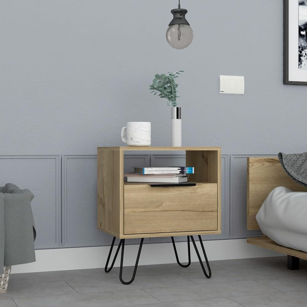 Nightstand 22" H, One Open Shelf, Single Door Cabient, Hairpin Legs, Light Oak,for Small Spaces