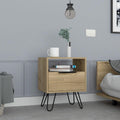Nightstand 22" H, One Open Shelf, Single Door Cabient, Hairpin Legs, Light Oak,for Small Spaces