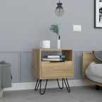 Nightstand 22" H, One Open Shelf, Single Door Cabient, Hairpin Legs, Light Oak,for Small Spaces