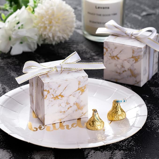 AWELL Small Marble White Gift Candy Box Bulk 2x2x2 inches with Ribbon Party Favor Box,Gold and White Marble,Pack of 50