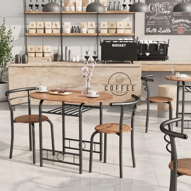 Shahoo 3-Piece Dining Table Set for 2, Kitchen Breakfast Nook Set | 2 Chairs & Round Tabletop, Space Saving Wooden Furniture Metal Frame and Built-in Wine Rack, Rustic Brown