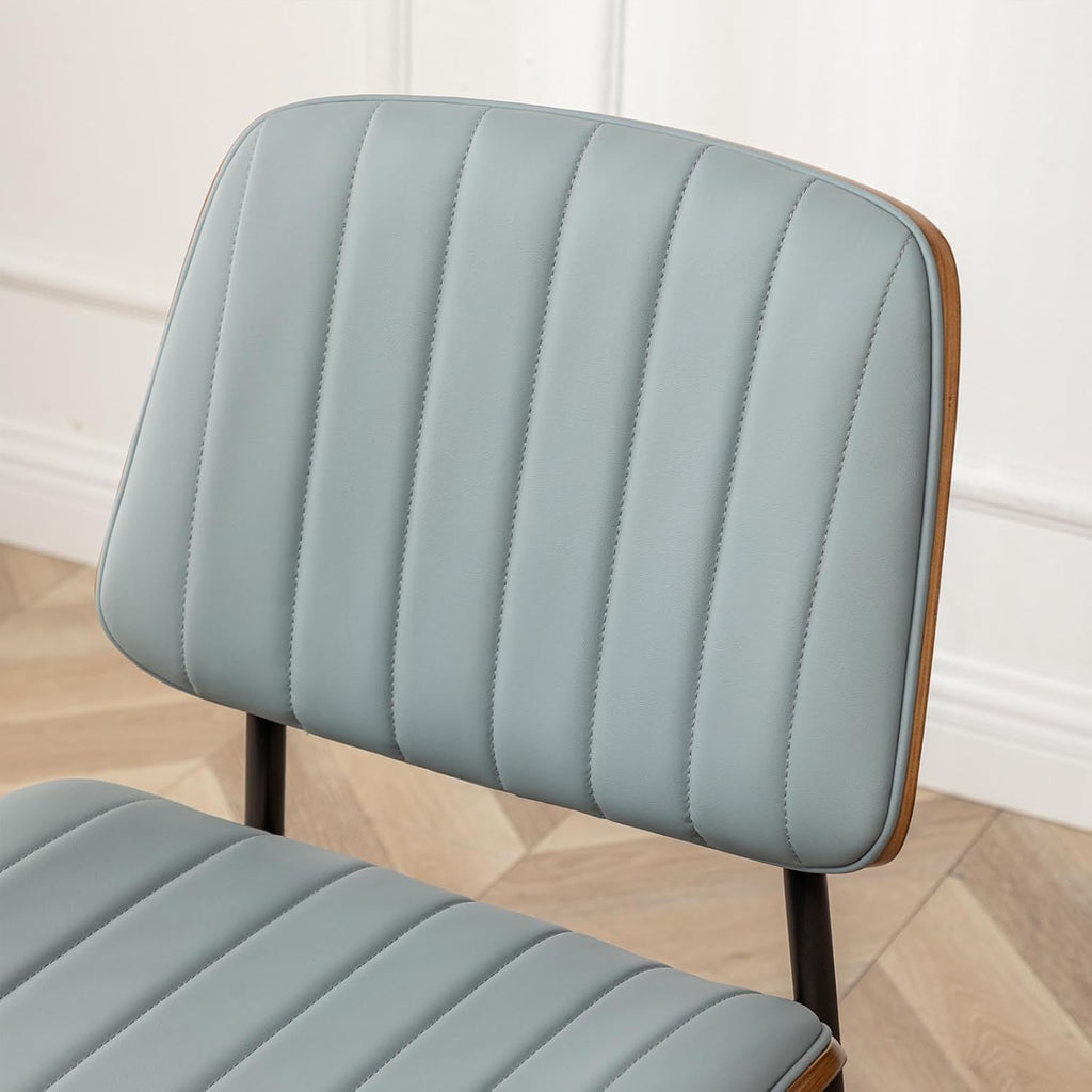 LUNLING Dining Room Chairs Mid Century Modern Retro Blue Faux Leather Chair with Walnut Bentwood Upholstered Seat Metal Legs Kitchen Chairs Adjustable Foot for Kitchen Dining Room,1PCS